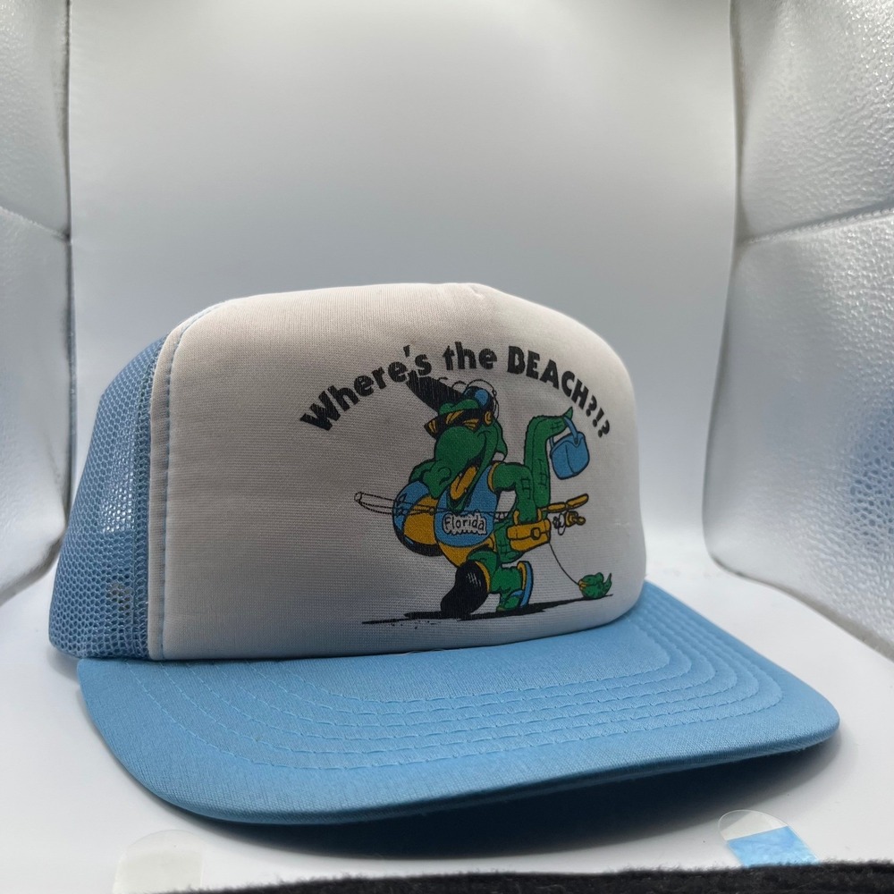 Vintage Trucker Hat Mens OSFA Blue Florida Alligator Wheres The Beach Snapback
